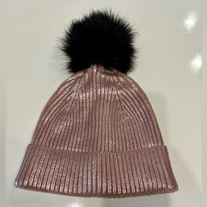 Pink Metallic Beanie with Black Pom Pom